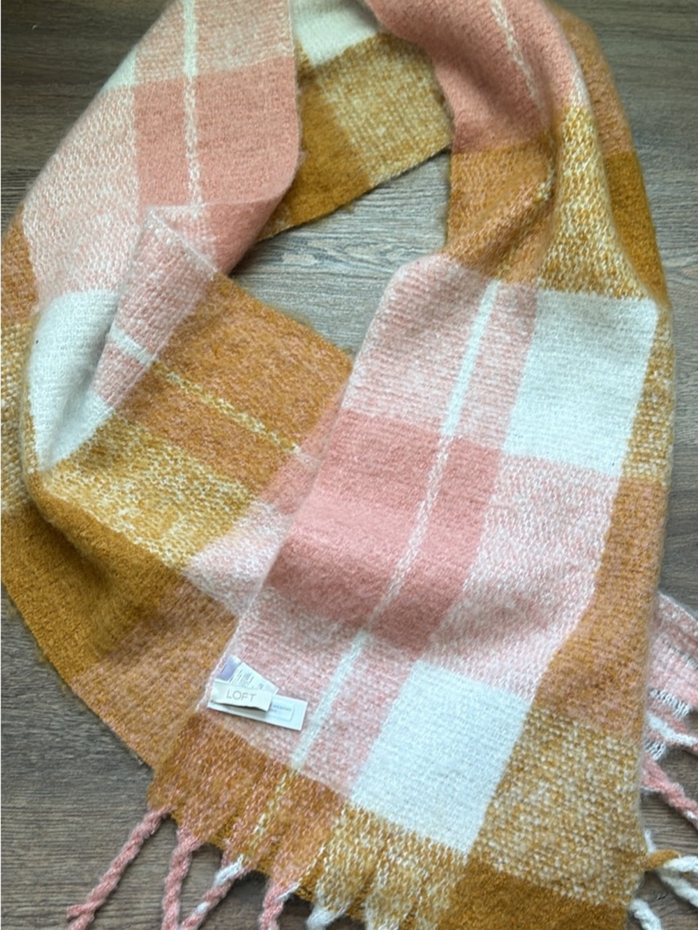 LOFT Plaid Fringe Scarf in Pink, White & Mustard
